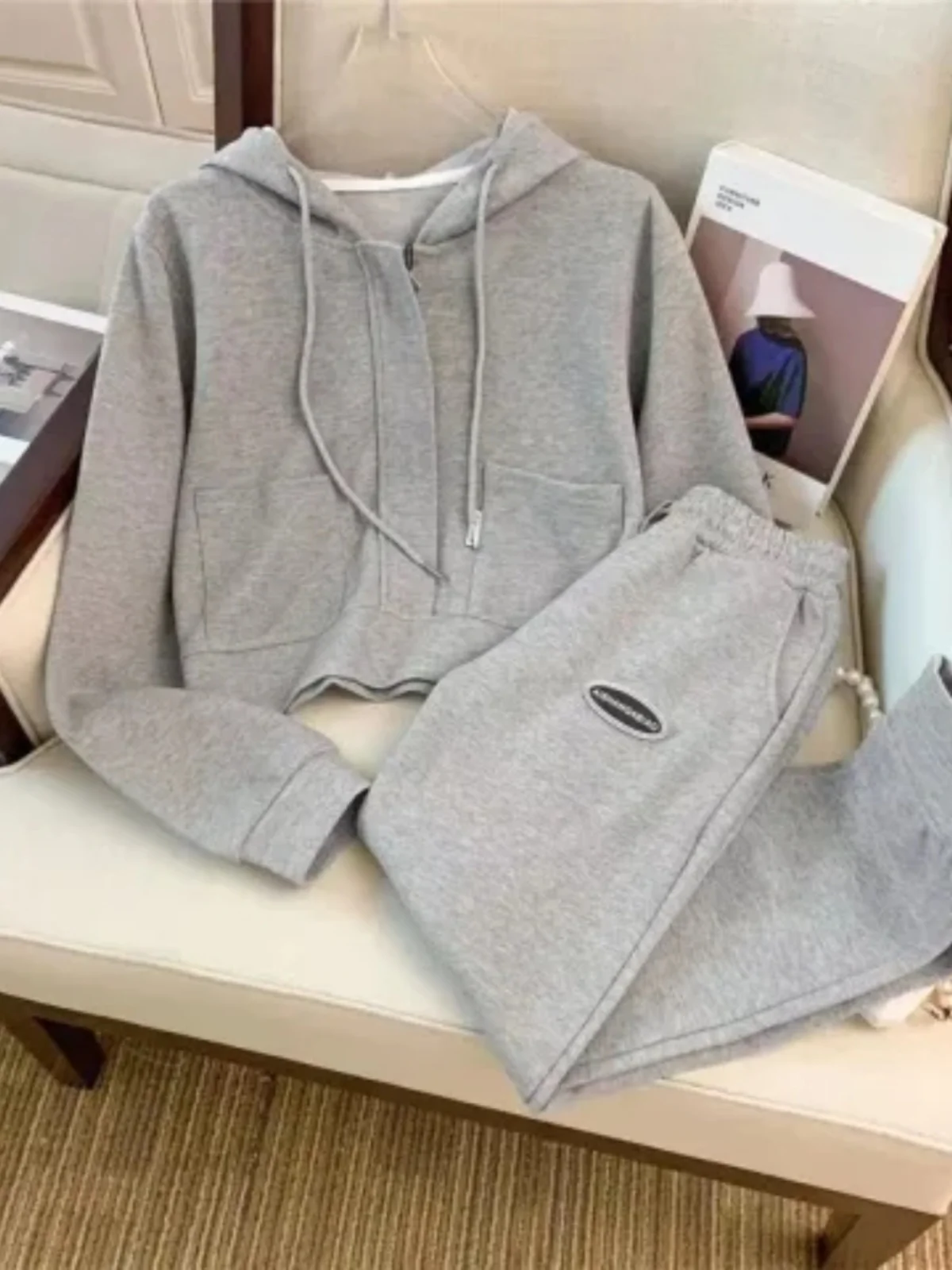 

Women's Pure Cotton ey Long Sve Hoodie Casual Loose Pants Two-Piece Set Spring Autumn Faion Comfortable Breathable