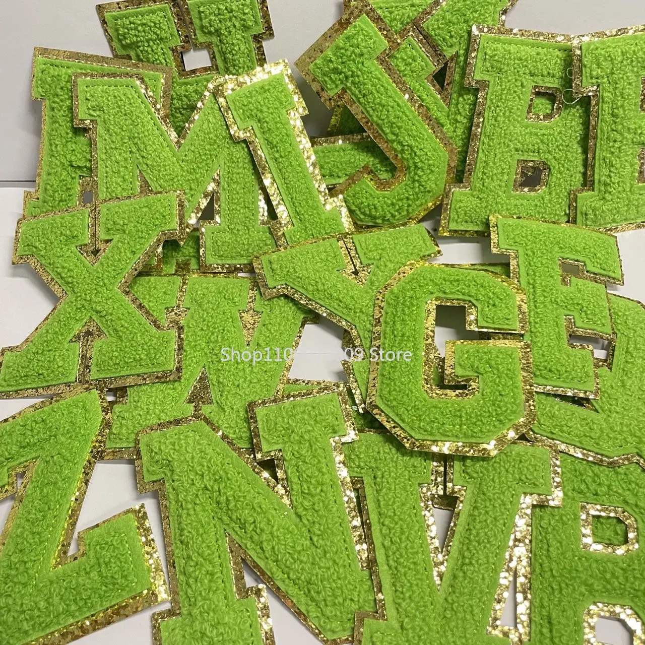 

8CM Green Chenille Letters Patches Iron on Towel Embroidered Felt Alphabet Glitter Sequins Heat Adhesive Appliques DIY Accessory