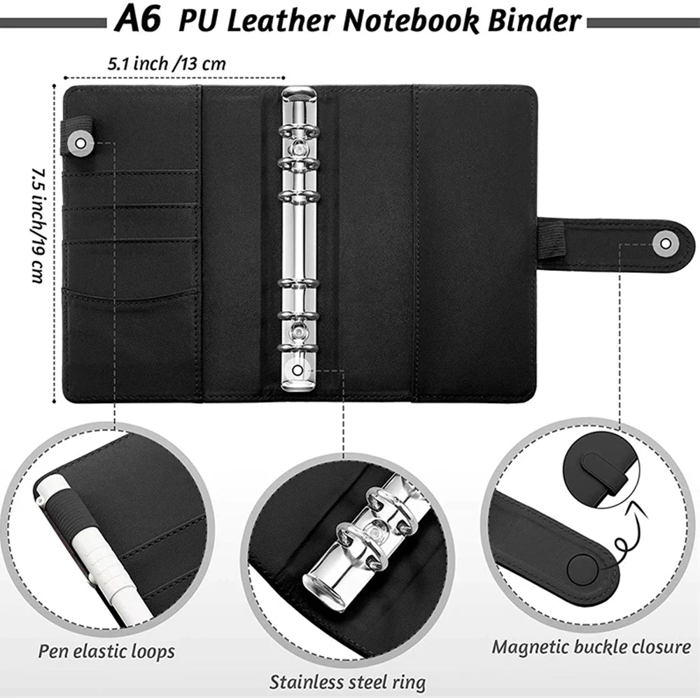 2024 A6 PU Leather Budget Binder Notebook with 6 Pieces Cash Envelopes Set Binder Pockets Money Budget Saving Bill Organizer