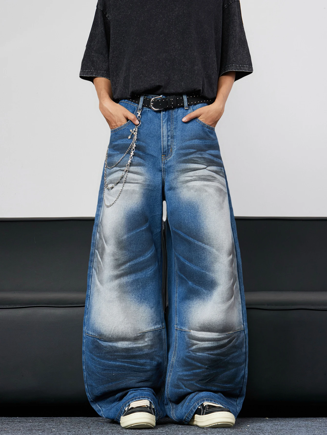 Men's Baggy Distressed Wide-Leg Jeans, Versatile And Stylish Men's Pleated And Faded Trousers, Fashionable Loose Wide-Leg Pants