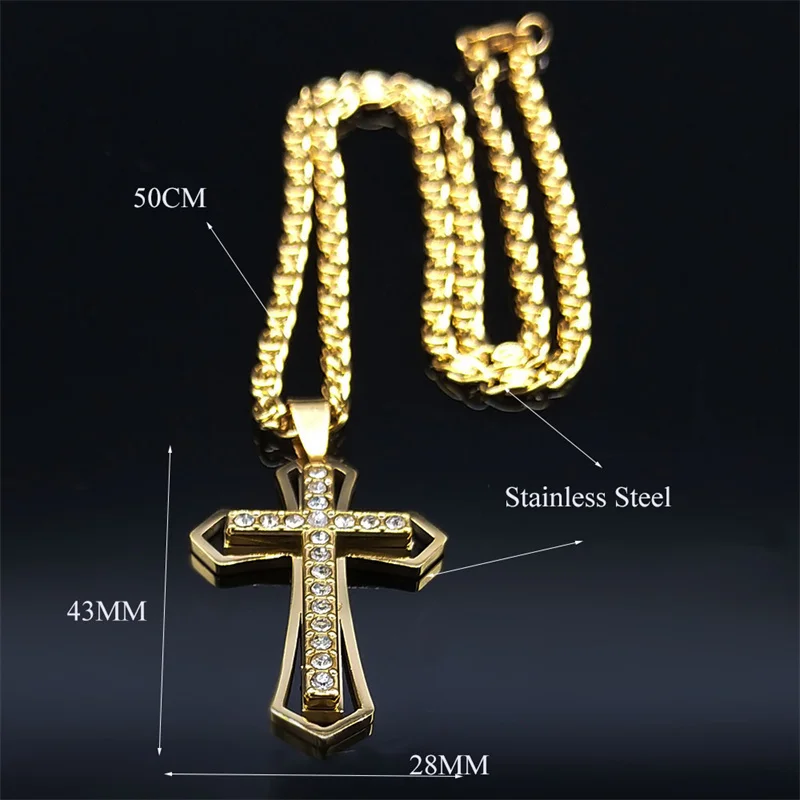 Christian Cross Crucifix Pendant Necklace Gold Color Stainless Steel Catholic Men Chain  Jewelry corrente masculina N4930S02