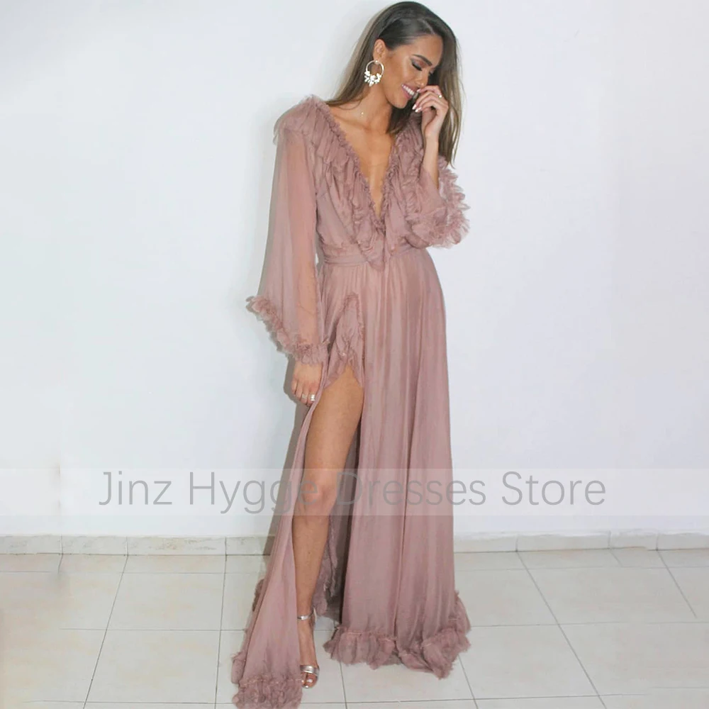 Evening Dresses 2023 Deep V Neck Ruffle Long Sleeves Sexy Prom Dress for Women Dusty Pink 30D Chiffon Thigh-High Slit Party Gown