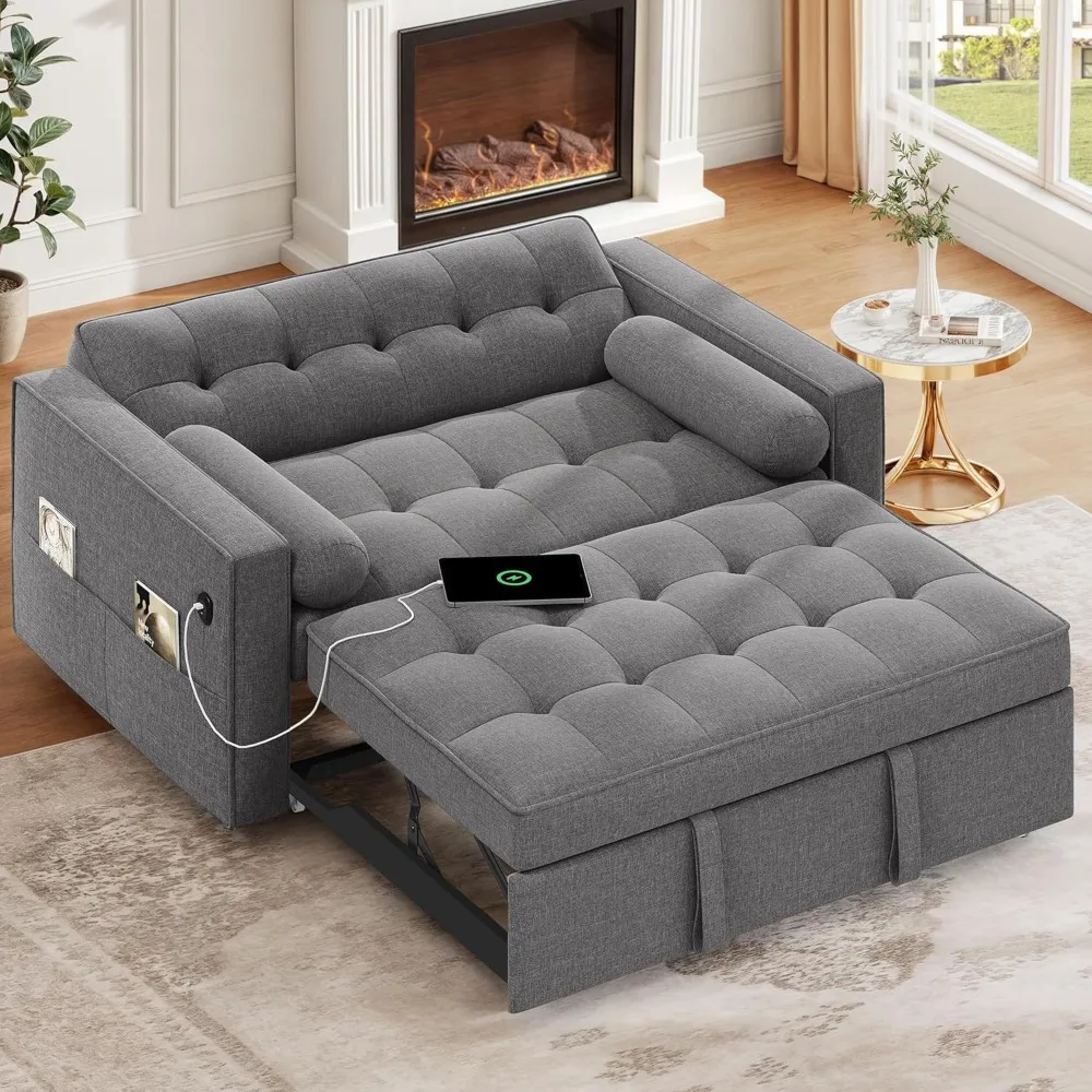 3-in-1 Convertible Sleeper Sofa Bed, Folding Futon Couch with Pullout Bed,5-Level Backrest,USB Ports,Storage Pockets,and Pillows