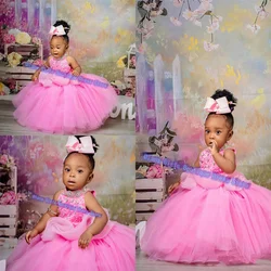 Cute Pink Flower Girls Dress for Wedding Tulle Fluffy Peal Party Little Baby Girls Birthday Evening Gowns Customized Color