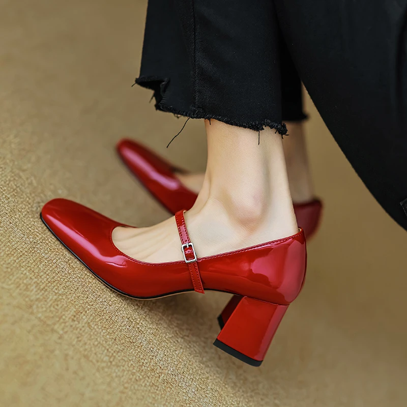 Simple Shoes On Heel 5CM Korea Style Patent Leather Silver PumpsThick Heels Spring Autumn Buckle Pumps Womens 2024 Shoes