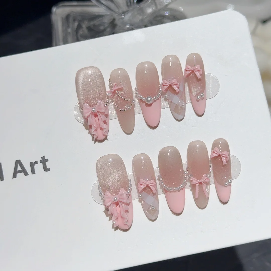 

10pcs Pink Cat Eye Fake Nails Cute Bow Decor Sweet French Press on Nails for Spice Girls Wearable Handmade Korean Fake Nail Tips
