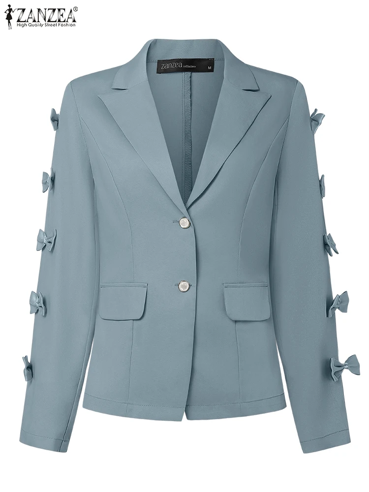 

Стильный офисный блейзер с длинными рукавами, женские осенние костюмы с лацканами, кардиган 2025 ZANZEA, модное однотонное повседневное свободное пальто с тонким бантом