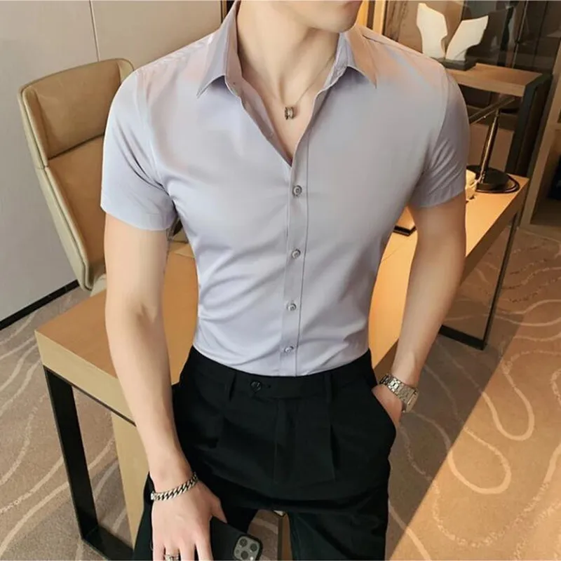 

High Quality Summer Solid Color Short Sleeve Shirt Men Fashion Super Slim Fit Business Casual Social Dress Blouse Streetwear