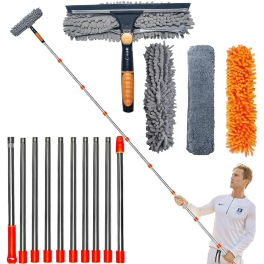 

Набор для мытья окон 2-в-1: вращающаяся щетка-стеклоочиститель с удлинителем 20+ футов (6-14 м) и штангой 3-14 футов (0.9-4.2 м)