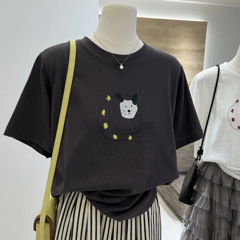 

Модная летняя футболка из чистого хлопка с круглым вырезом и мультяшным принтом, женские повседневные свободные милые топы с короткими рукавами