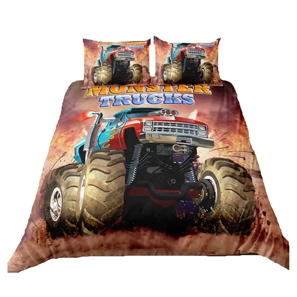 Truck for Kids Tan Truck Duvet Cover Boys Hobby Sports with Flame Image Decorative Large Tires Bedroom Decoration for Boys Girls