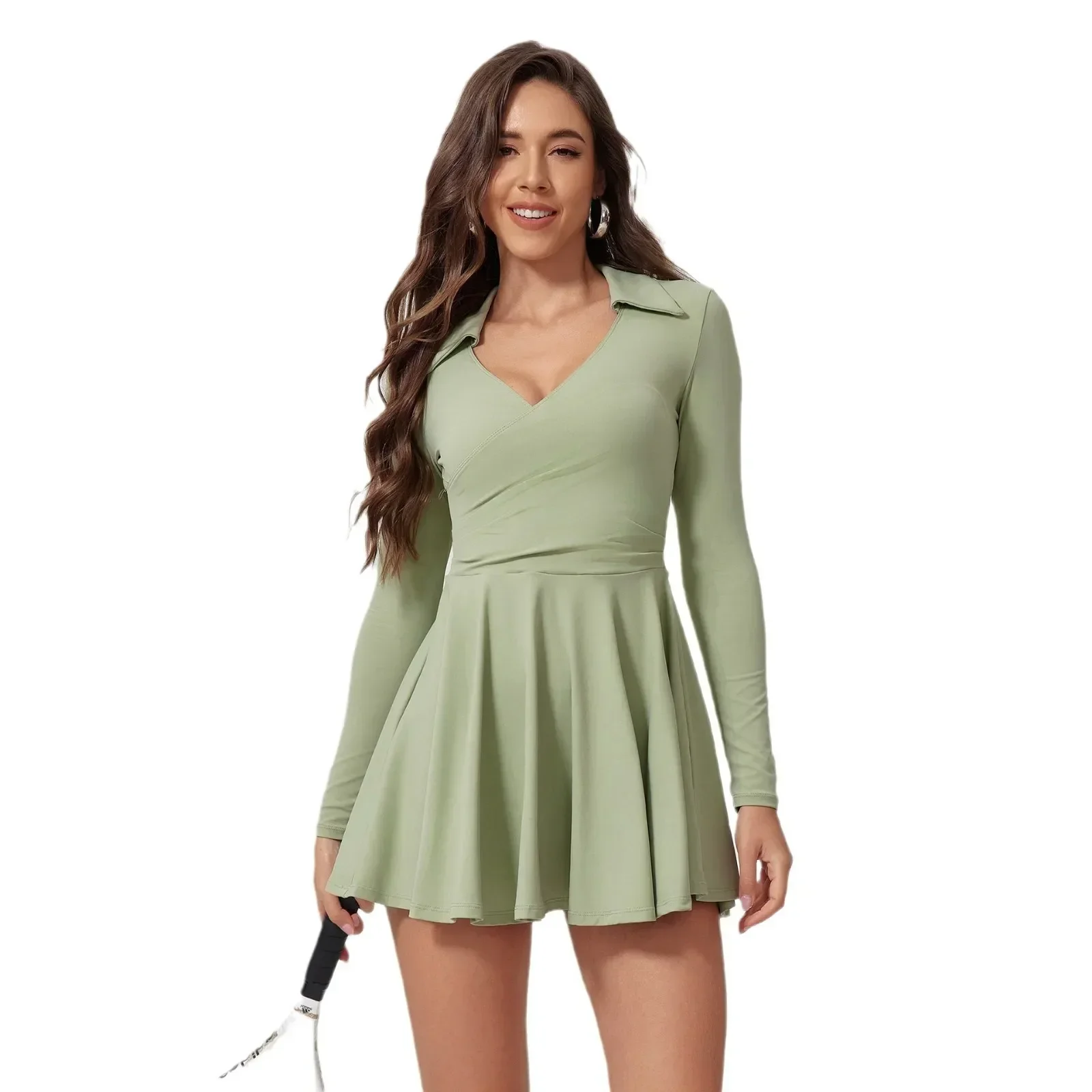 Tennis Dress One-Piece Jumpsuits Sports Fitness Golf Badminton Long-Sleeved Skorts Slim Tracksuits with Chest Pads Yoga Suits image 6