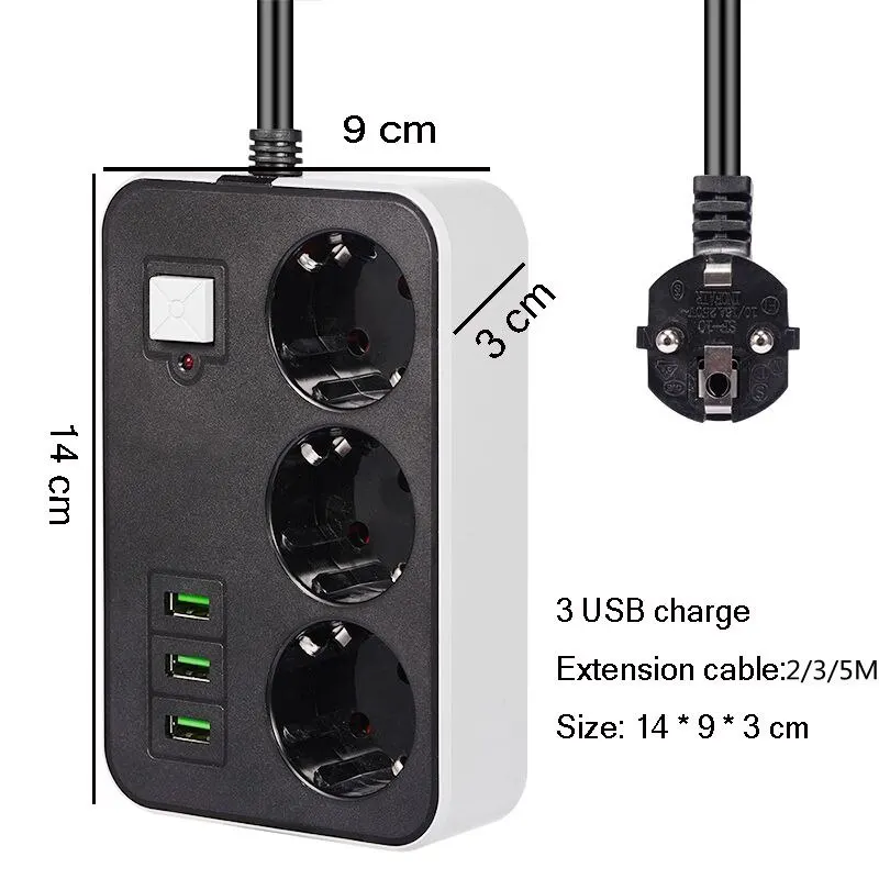 2 라운드 멀티탭 USB 여행용 어댑터 소켓 전원 플러그, Eu 2M 3M 5M 익스텐션 케이블, 주방 가정용 범용 충전기