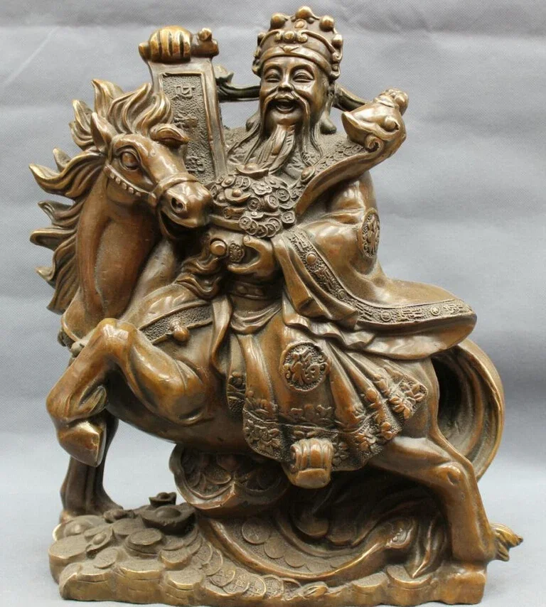 

16" Chinese Bronze Copper Folk FengShui Coin RuYi Mammon God Ride Horse Statue