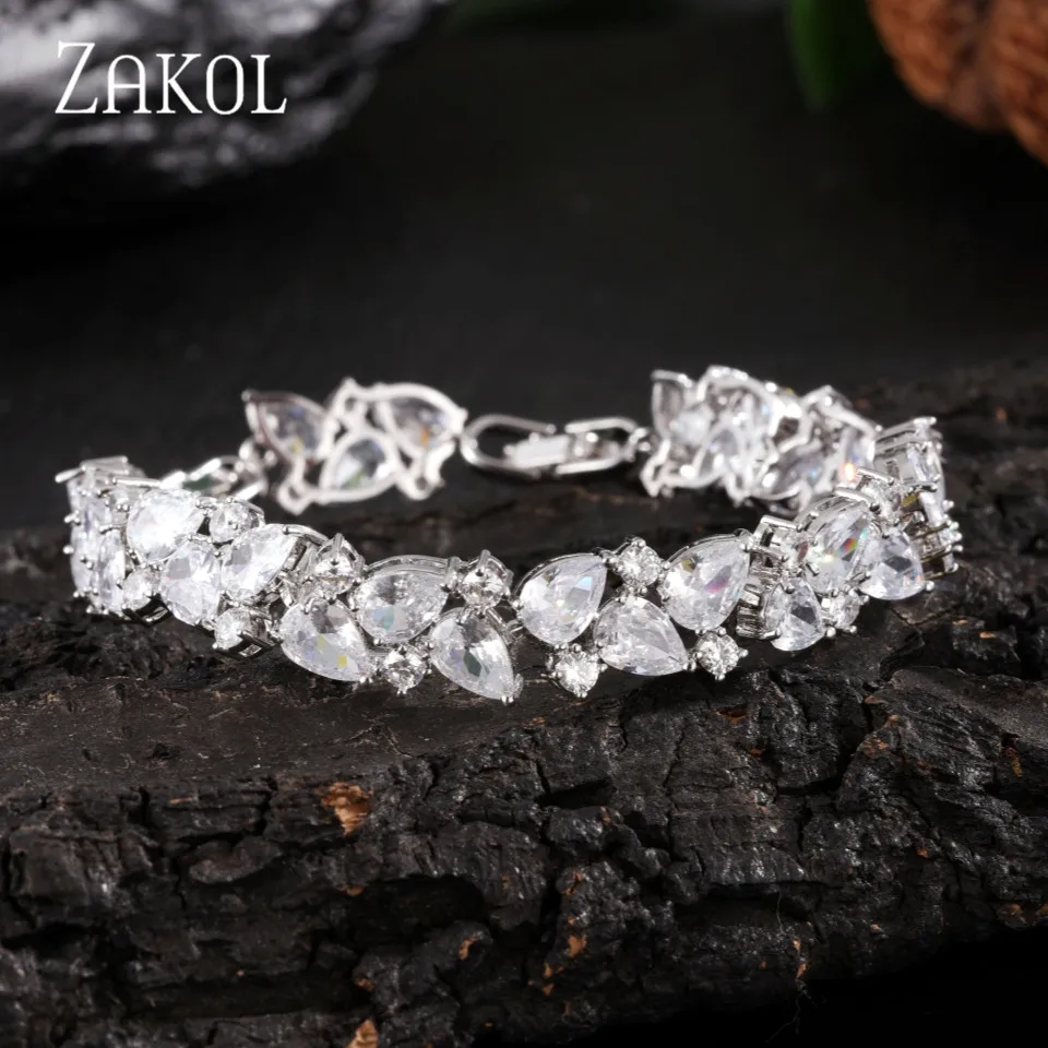 

ZAKOL Luxury Shiny Cubic Zirconia Water Drop Leaf Charm Bracelets for Women Adjustable Sliver Color Fashion Wedding Jewelry