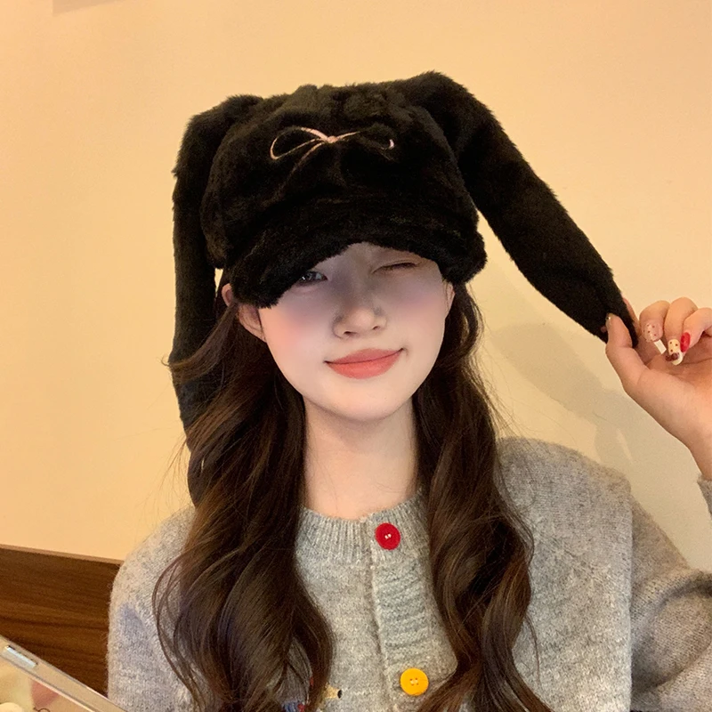 New Winter Warm Fluffy Baseball Cap Ladies Cute Bow Embroidery Long Rabbit Ears Plush Baseball Cap Fashionable Outdoor Headwear