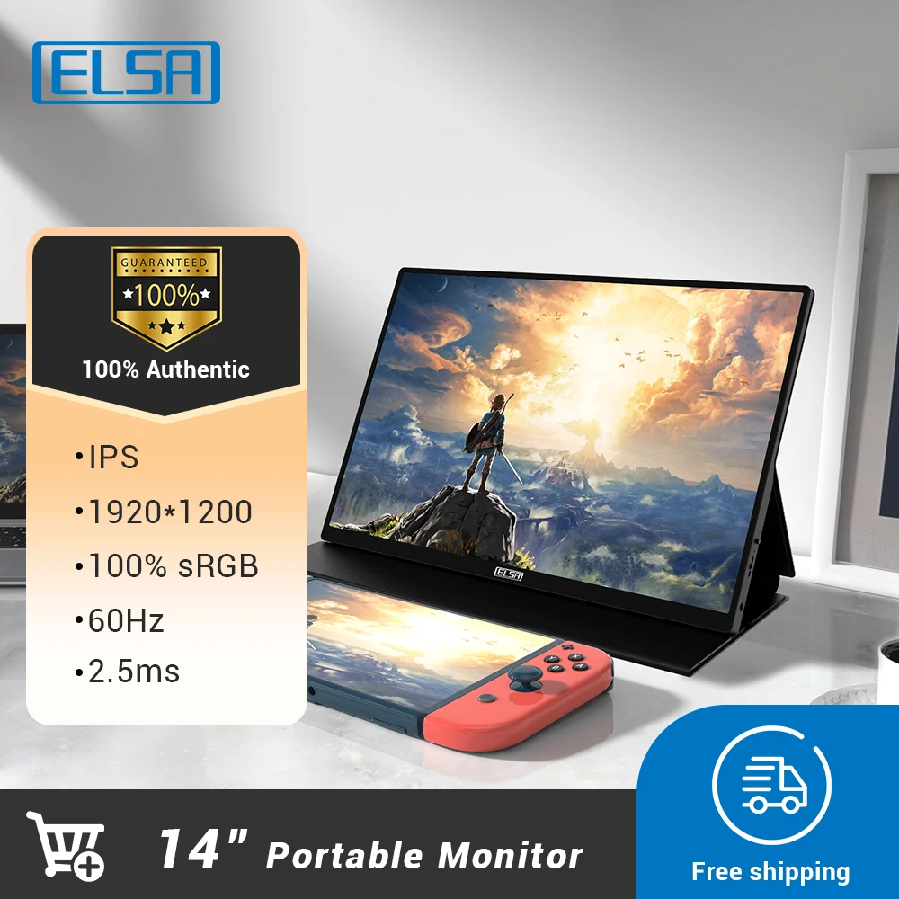 ELSA 14 Inch Portable Monitor FHD 1920X1200 With Type C Mini HDMI FreeSync For PC Laptop Xbox PS4 PS5 Switch 60HZ Display