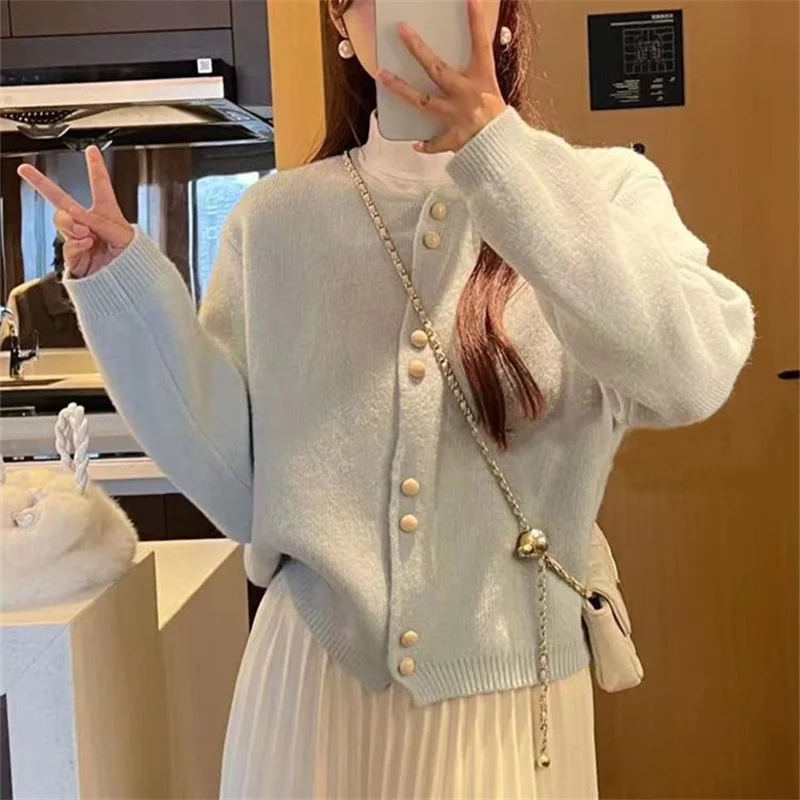 レディースニットセーターカーディガン春秋毛玉なし長袖丸首レギュラー丈アウター広州十三工場