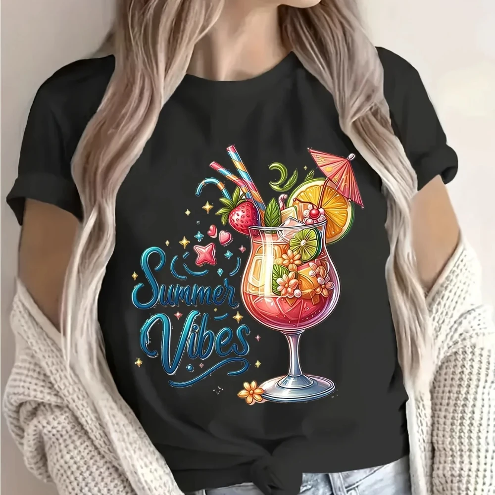 Camiseta con gráfico de bebidas para mujer, nueva tendencia, Camiseta de algodón de manga corta a la moda de ocio, ropa de calle de marca de verano