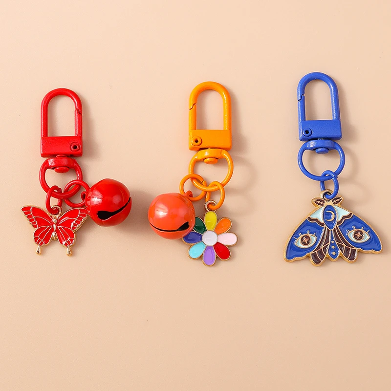 Cute Enamel Butterfly Keychain Small Bells Flower Key Ring Women Girls Handbag Pendants DIY Kid\'s Jewelry Gifts