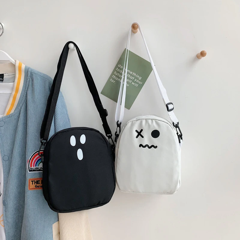 Nero bianco divertente carino fantasma Kawaii donne borsa di tela cartone animato Shopper borsa donna borse a tracolla