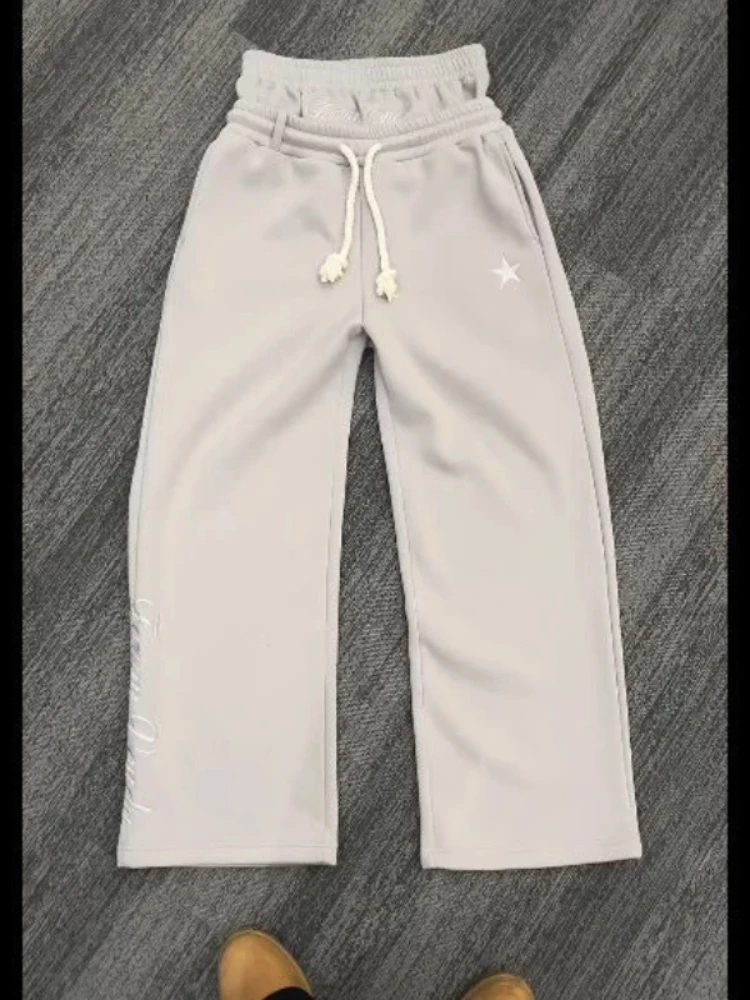HOUZHOU Letter Embroidery Double Waisted Sweatpants Harajuku Wide Leg  American Style Jogging Pants Baggy Solid Color Casual