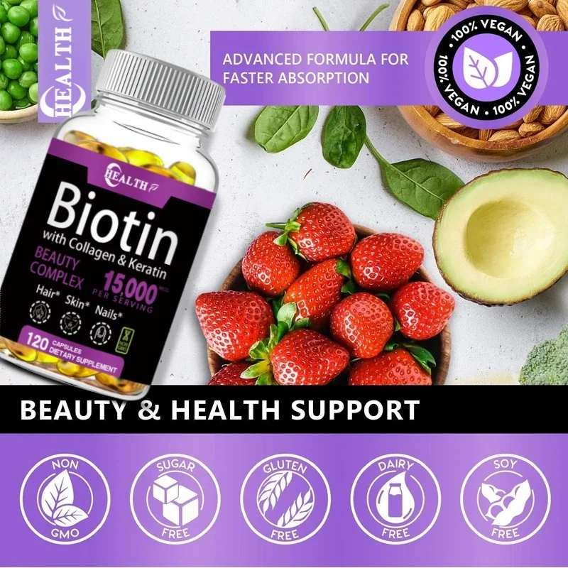 HEALTH with Biotin + Collagen + Keratin Supplement - for Hair, Skin, Nail Health | Non-GMO, 120 Capsules