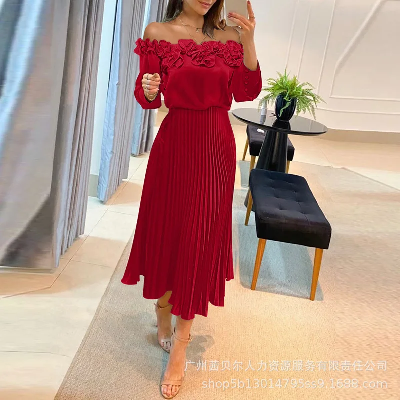 Women Long Dress Solid Color Satin Full Sleeve Deep V Cinched Pleated Dress Lace Ruffles Sexy No Belt