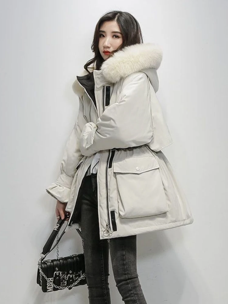 Optique-Parkas à capuche patchwork pour femmes, poches zippées, style coréen décontracté, vers le bas, vêtements de bureau pour dames,