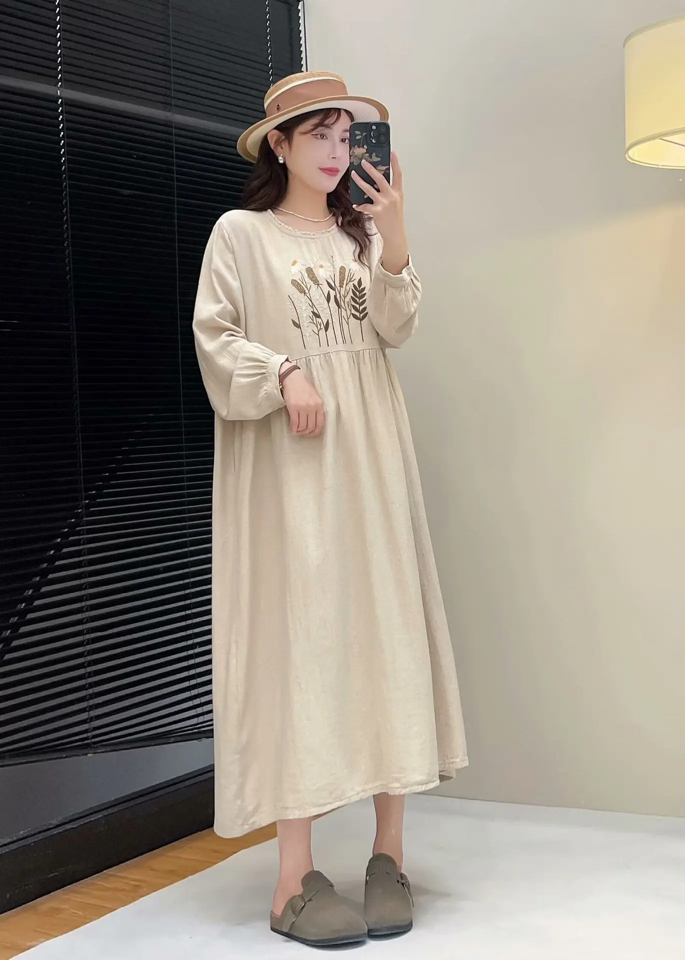 New Summer Cotton Linen Long Sleeve Dresses, Woman O Neck Embroidery, Mori Girl Sweet Loose Vintage Dress, 2024 Fall D476133QC