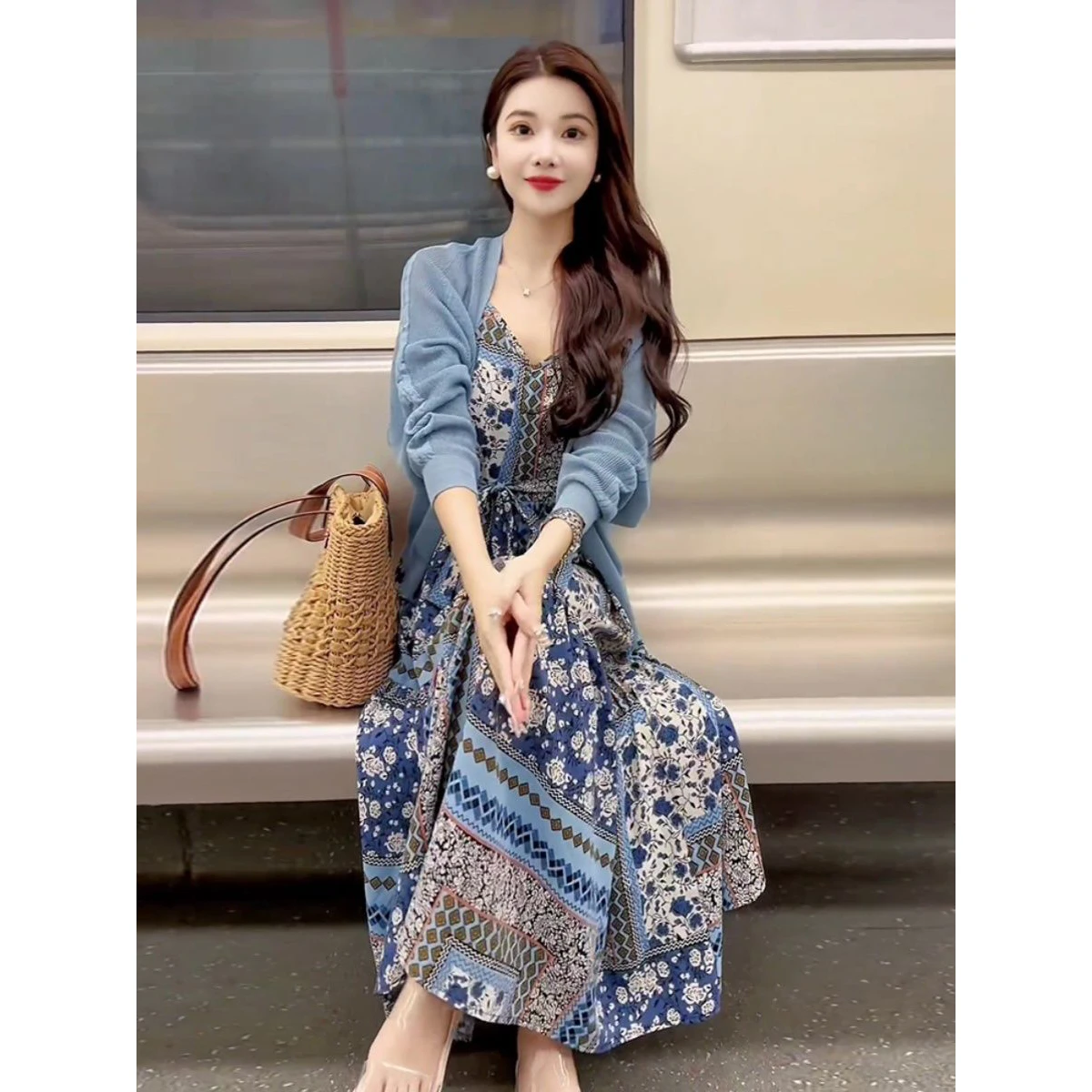 Fashion Bohemian Floral Printed Long Dress For Women High-end Blue Knit Cardigan Sweater Sling Dress 2 Pieces Sets French Dress