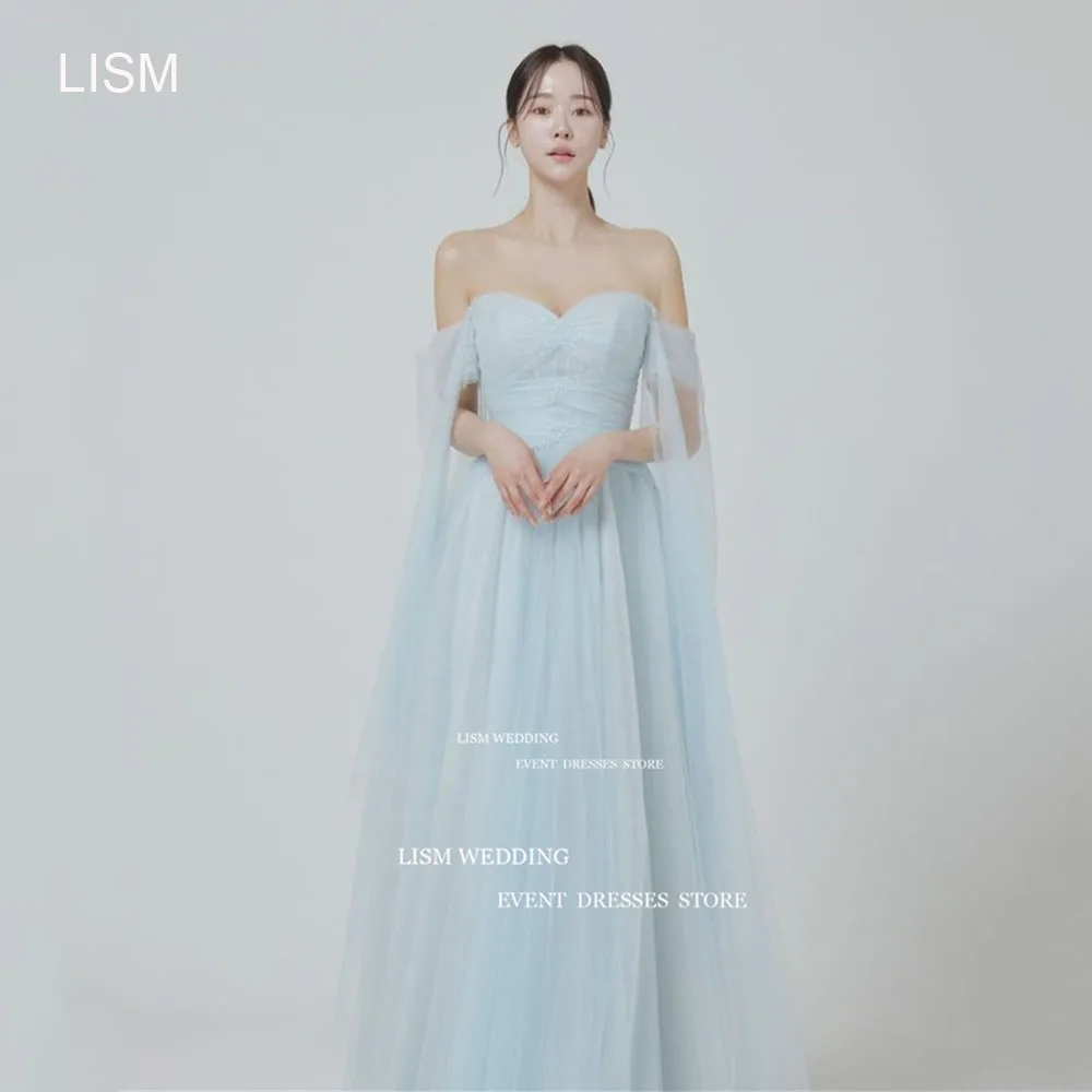 LISM Sweetheart Sky Blue Korea A Line Evening Dresses Off Shoulder Wedding Photo Shoot Formal Occasion Gown Backless Party Dress