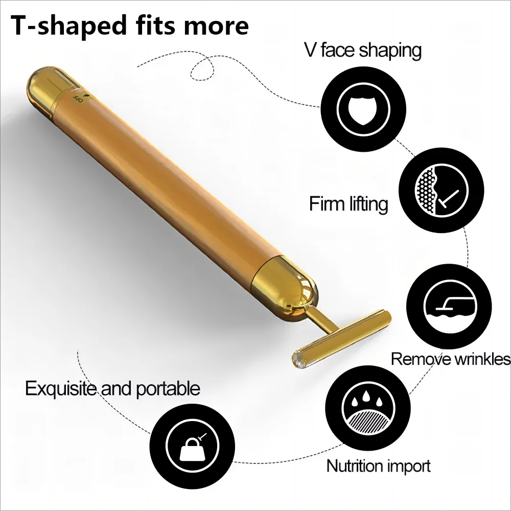 

High 24k Golden Facial Roller Massager T Shape Vibrating Face Lifting Energy Beauty Bar Body Skin Massage Device Face Care Tools