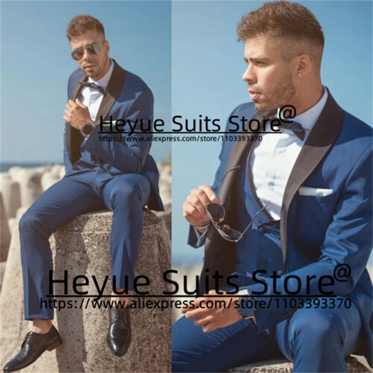 Business Blue Formal Men Suits Slim Fit Shawl Lapel Groom Wedding Tuxedos Party 3 Pieces Sets Luxuly Male Blazer Costume Homme