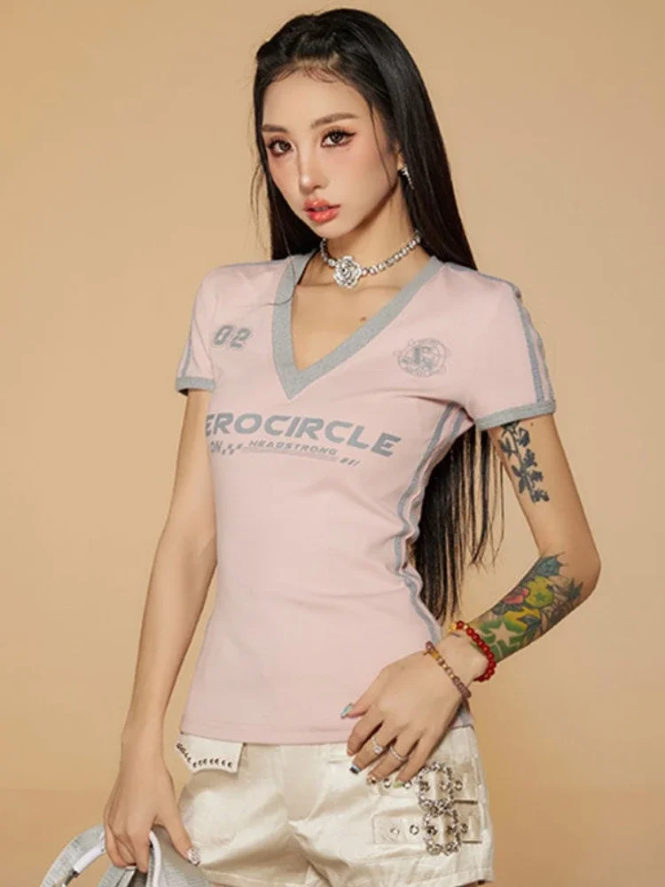 HOUZHOU Y2k Patchwork Streetwear T Shirts Women American Retro Fashion Design Sexy Letter Print Slim Tees Tops E-grils Chic New