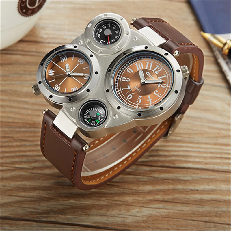 

Oulm Fashion Luxury Men's Watch Double Time Zone Large Dial Luminous Leather Strip Men's Quartz Watches relojes para hombre