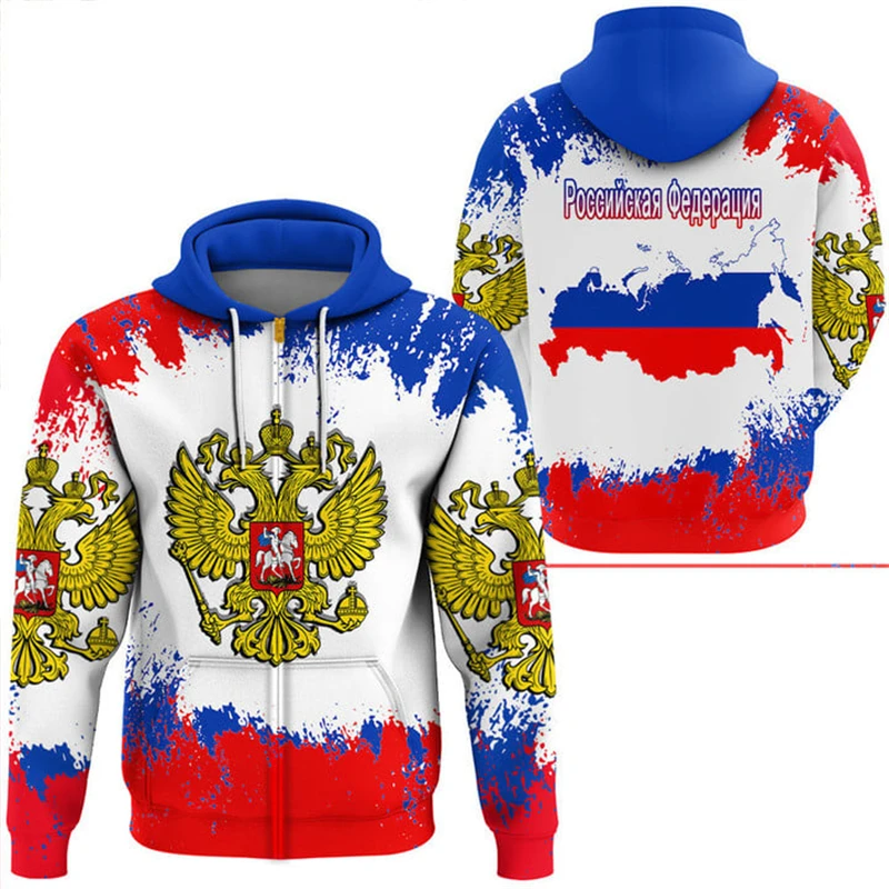 Russia Flag Map 3D Print Zip Up Hoodies For Men Clothes Russian National Emblem Eagle Hoody Casual Pullovers Y2K Tracksuit Tops