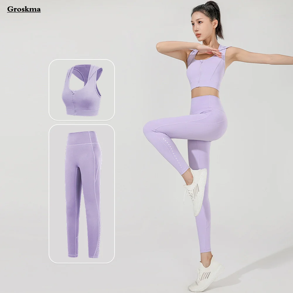 Front Zipper Bra+High Waist Leggings Women Pilates Clothes Yoga Two Piece Set Fitness Gym Suits Workout Running Sportswear