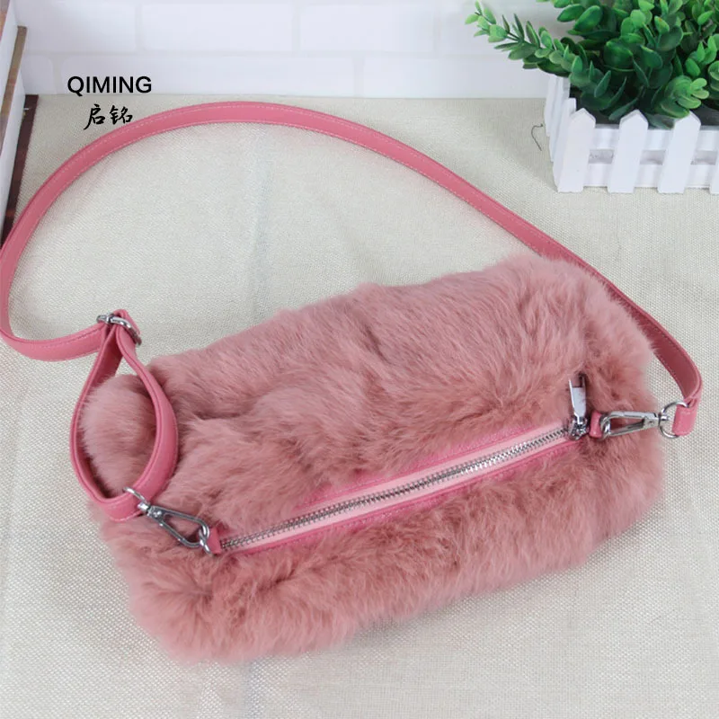 Diagonal bag women real rex rabbit fur shoulder bag winter warm handbag cute pink diagonal cross bag shopping women P#15