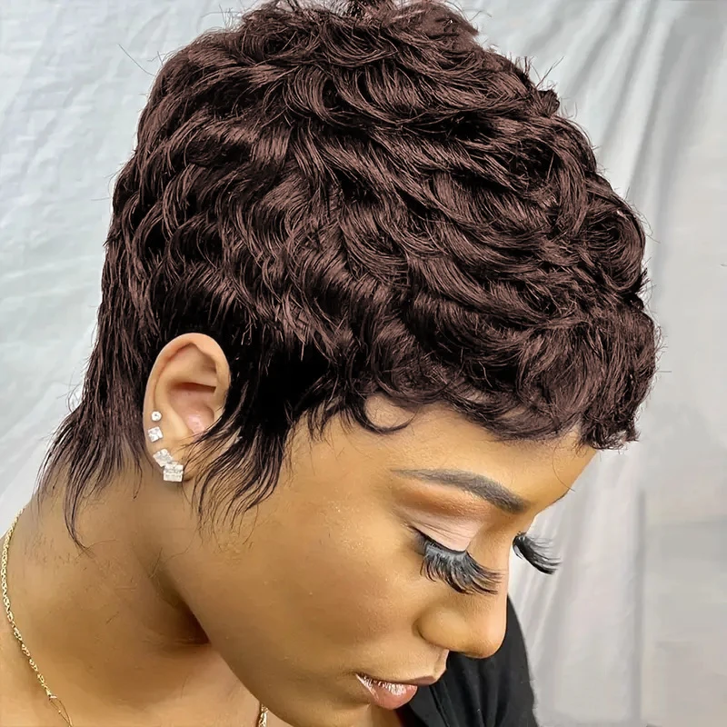 여성용 인모 픽시컷 가발 4가지 색상 짧은 스트레이트 레이어드 앞머리 있는 기계식 가발