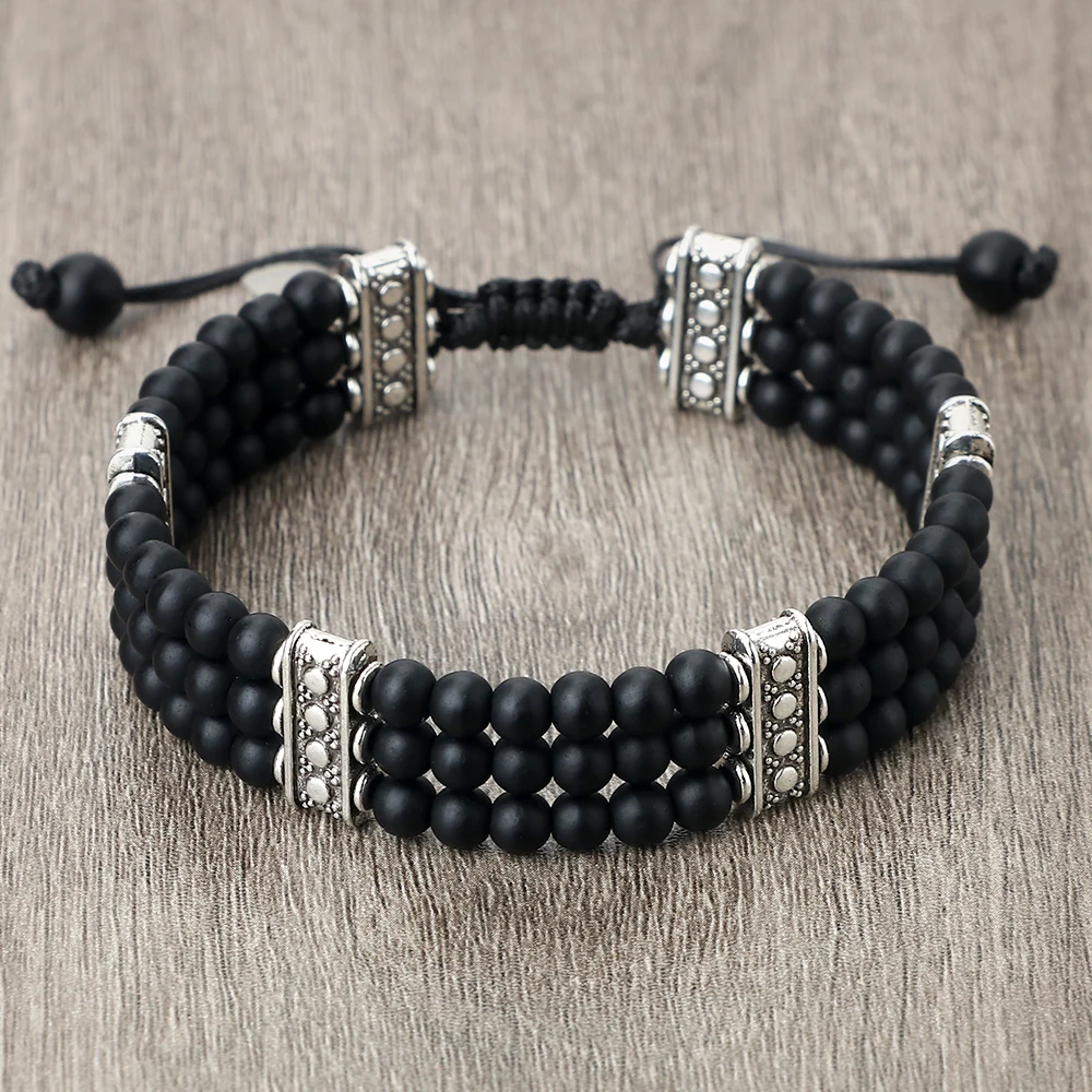 Matte & Shiny Black White Beaded Bracelets Handmade Mini 4mm Onyx Stone Wrap Bracelet Adjustable Bangles Women Men Yoga Jewelry