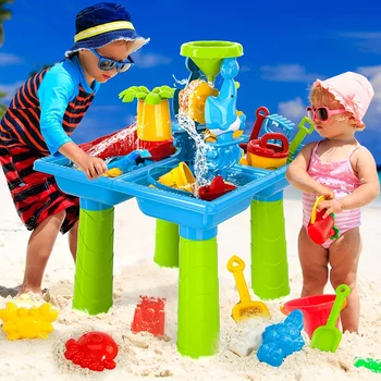 4-in-1 Sand and Water Table with 15 Pieces Sandbox Table Beach Sand Water Toy Kids Activity Sensory Play Table Summer Outdoor Toys