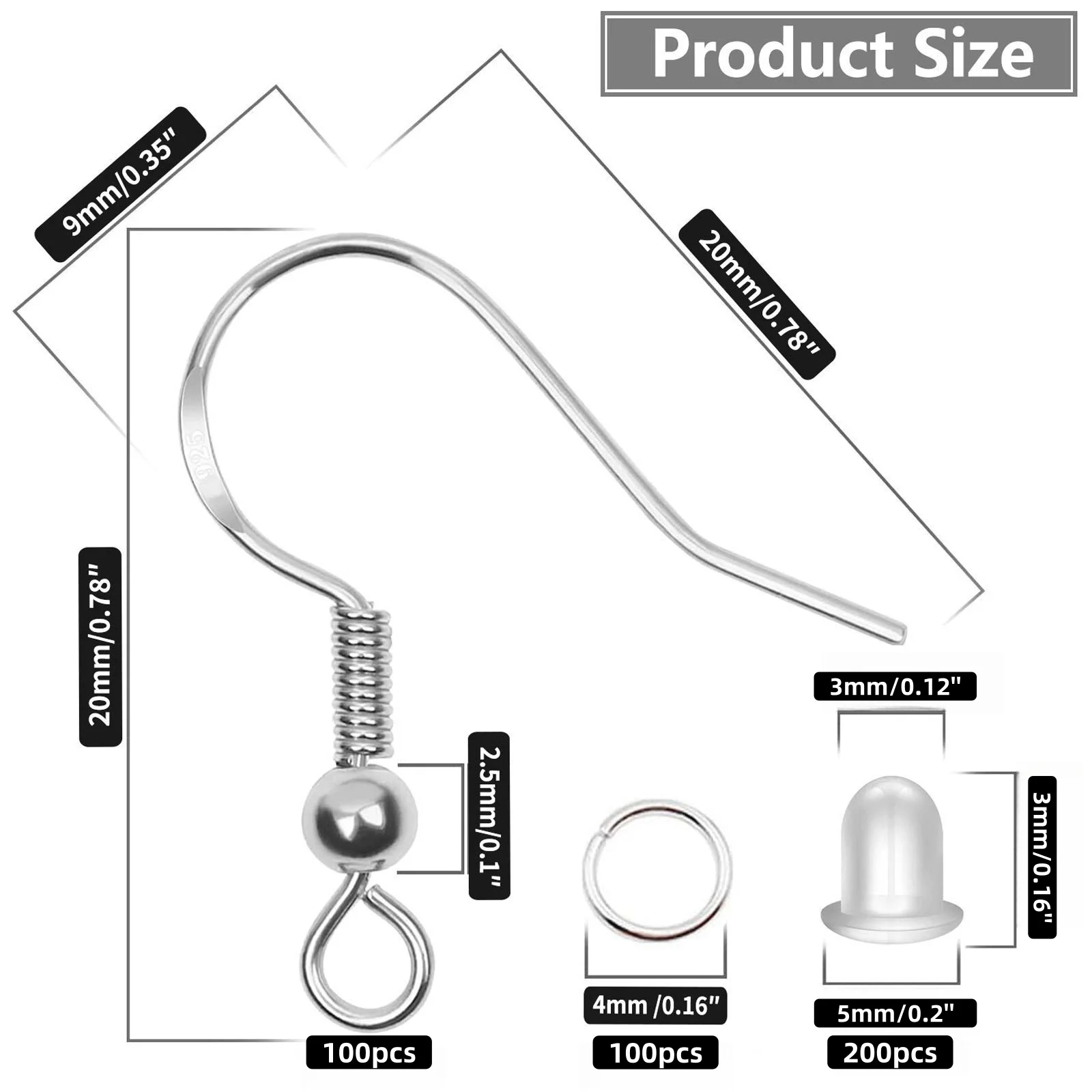 400pcs Hypoallergenic Earring Making Kit,925 Silver Ear Wires Fish Hooks,ump Rings,Clear Silicone Backs Stoppers - view 3