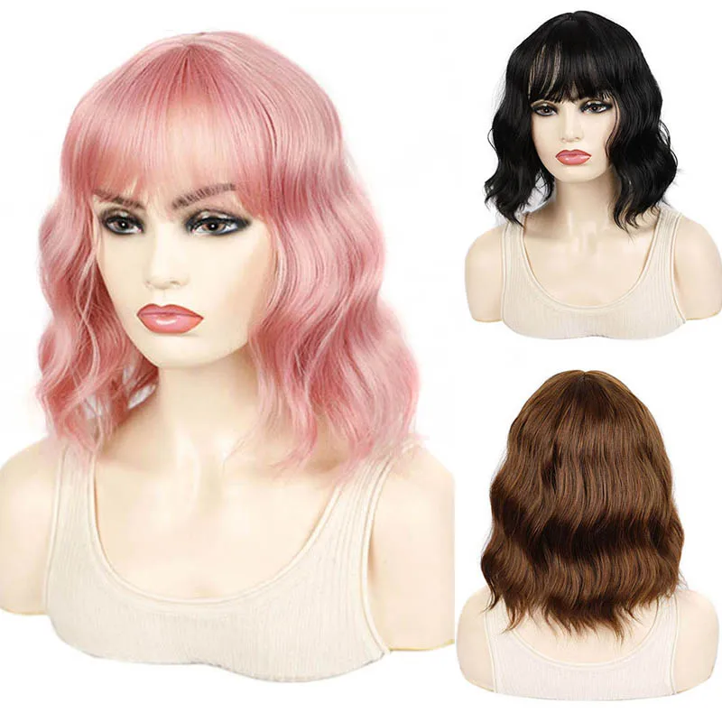 Jeedou بوب شعر مستعار مع الانفجارات قصيرة موجة المياه أسود براون مجعد الشعر المستعار الطبيعي المظهر شعر مستعار اصطناعي نابضة بالحياة تأثيري والاستخدام اليومي #1