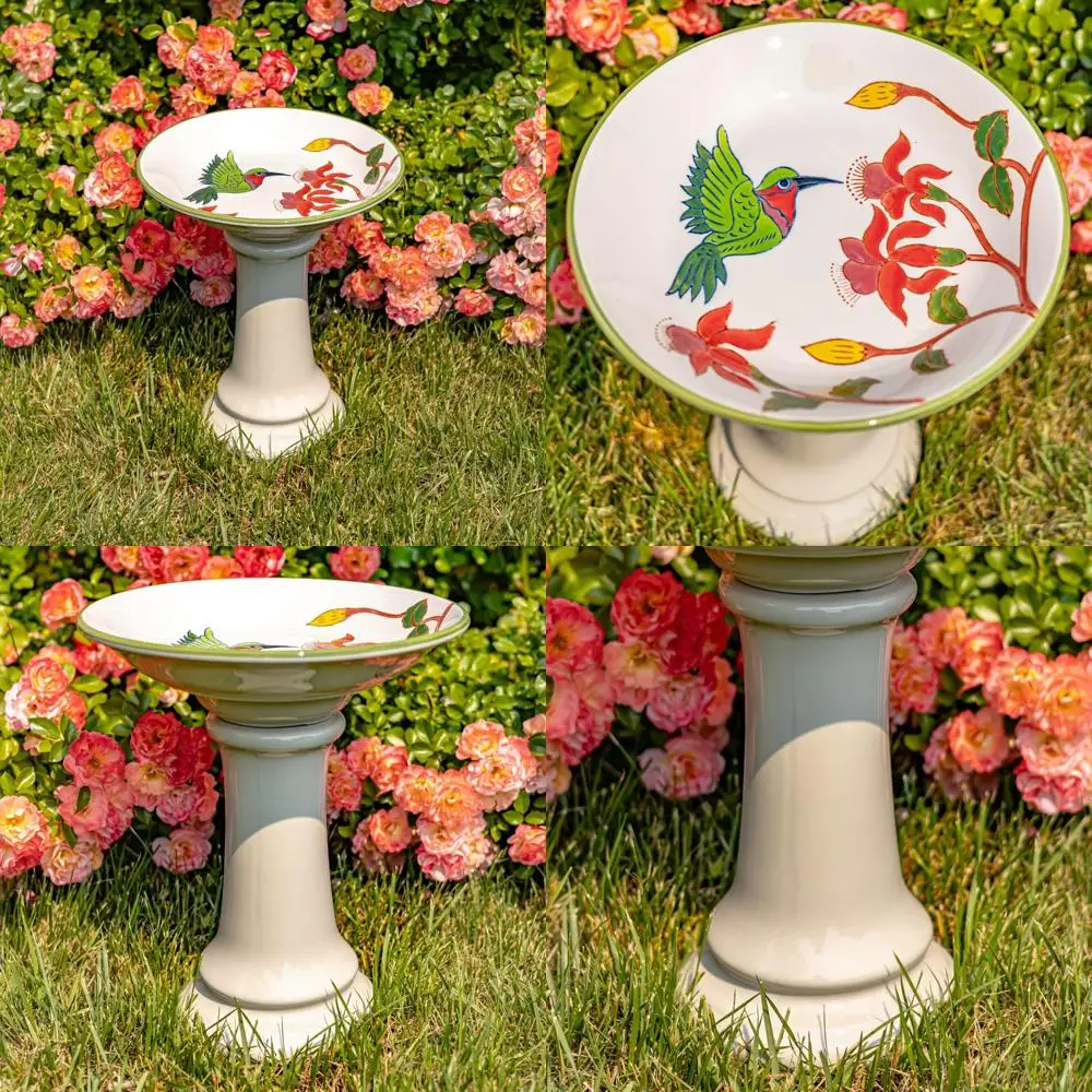 

Zaer Ltd. Handcrafted Porcelain Birdbath, 15" Height, Decorated with Hummingbirds and Wildflowers