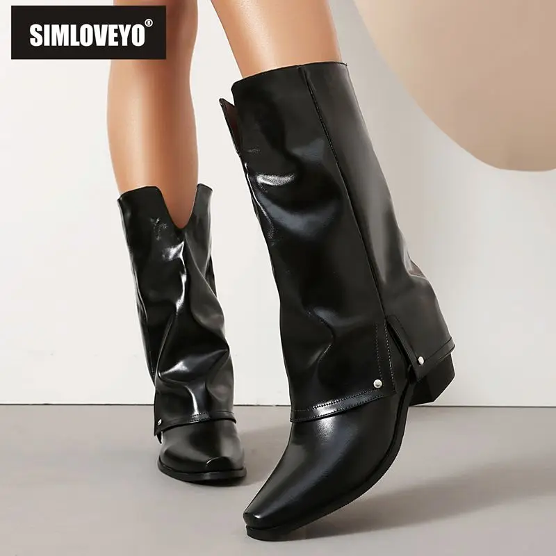 ASILETO 2026 Glossy Female Mid Calf Boots Square Toe Chunky Heels 6cm Slip On Rivets Plus Size 46 48 49 50 Fashion Daily Bota
