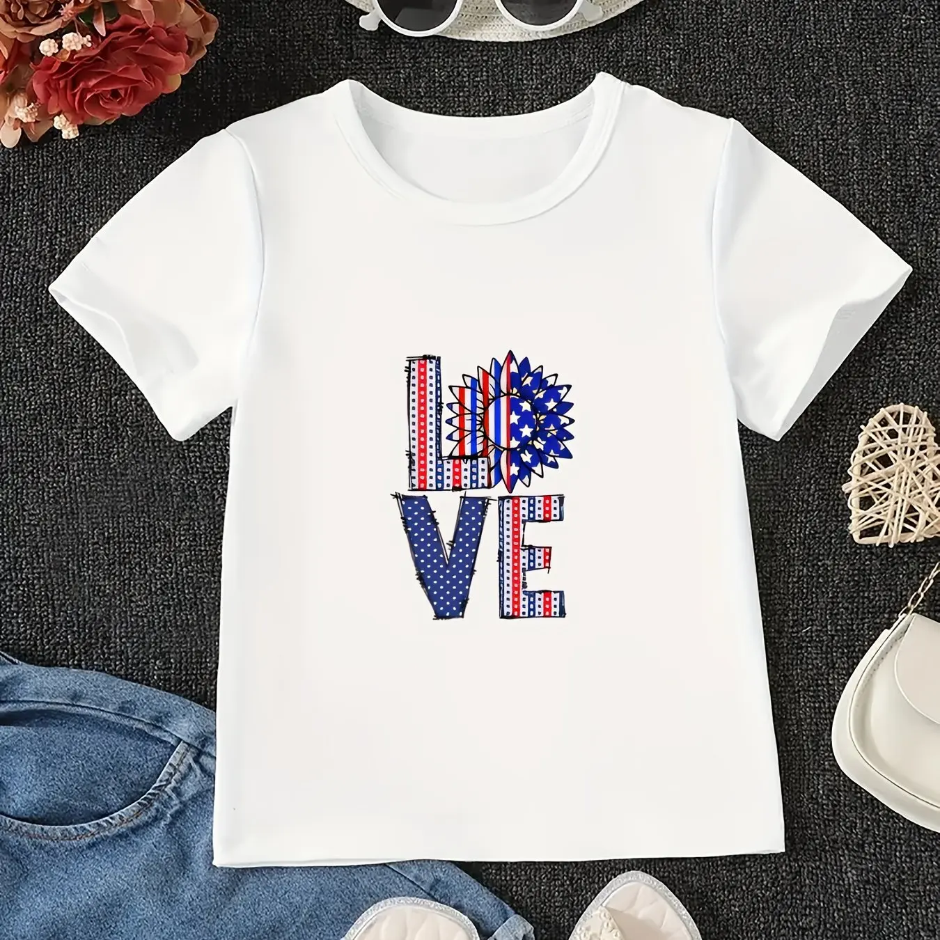 

Love American Sunflower Kids T-Shirt 100% Cotton Neutral Comfortable Summer Wear Boys Girls Soft Breathable Ideal for School