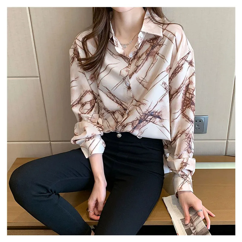 

2024 Autumn Chiffon Blouse Women Shirt Korean Personalized Printed Shirts Loose Casual Long Sleeved Top Elegant Female Blusas