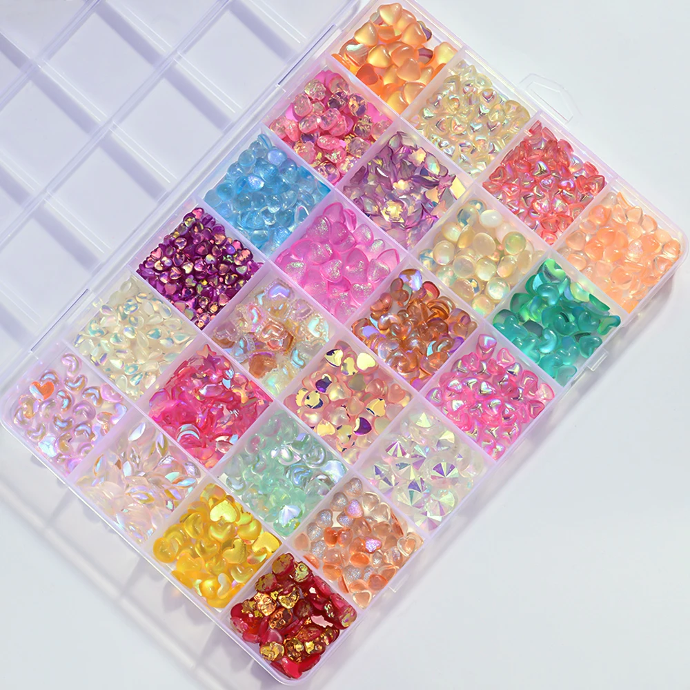 24グリッド 3D オーロラ 透明 ラブハート ネイルアート チャーム 不規則な星 月 ハート グリッター ラインストーン ネイルデコレーション マニキュア