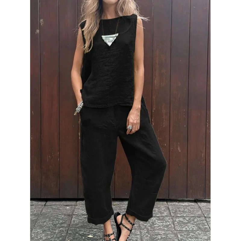 2024Spring-Summer New Type Cotton and Linen Fashion Casual Loose Two-Piece Suit Sleeveless Top Loose Trousers Women's Suit
